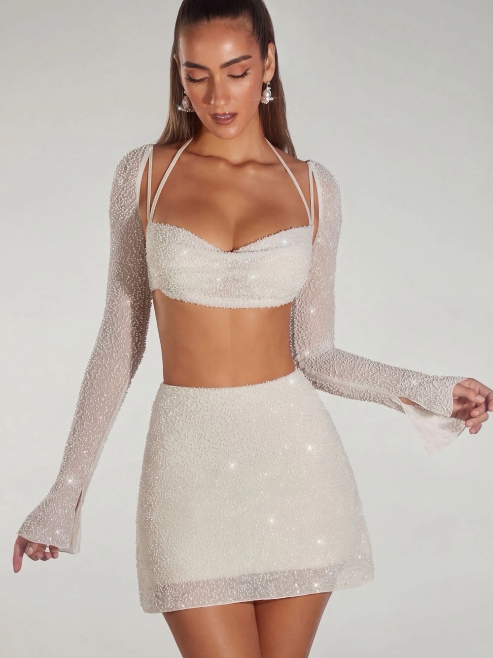 Embellished Long Sleeve crop top + skirt in ivory